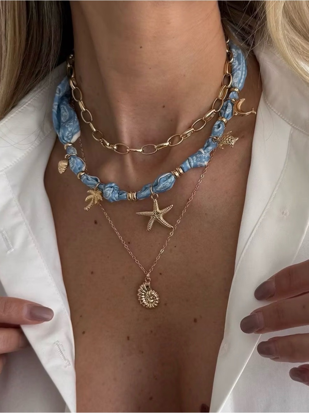 Blue Coastal Layered Necklace Set | Beach Charm Scarf Choker